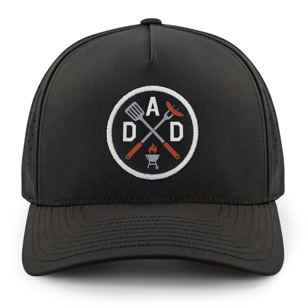 Gray performance hat with Dad Grilling embroidered emblem on front