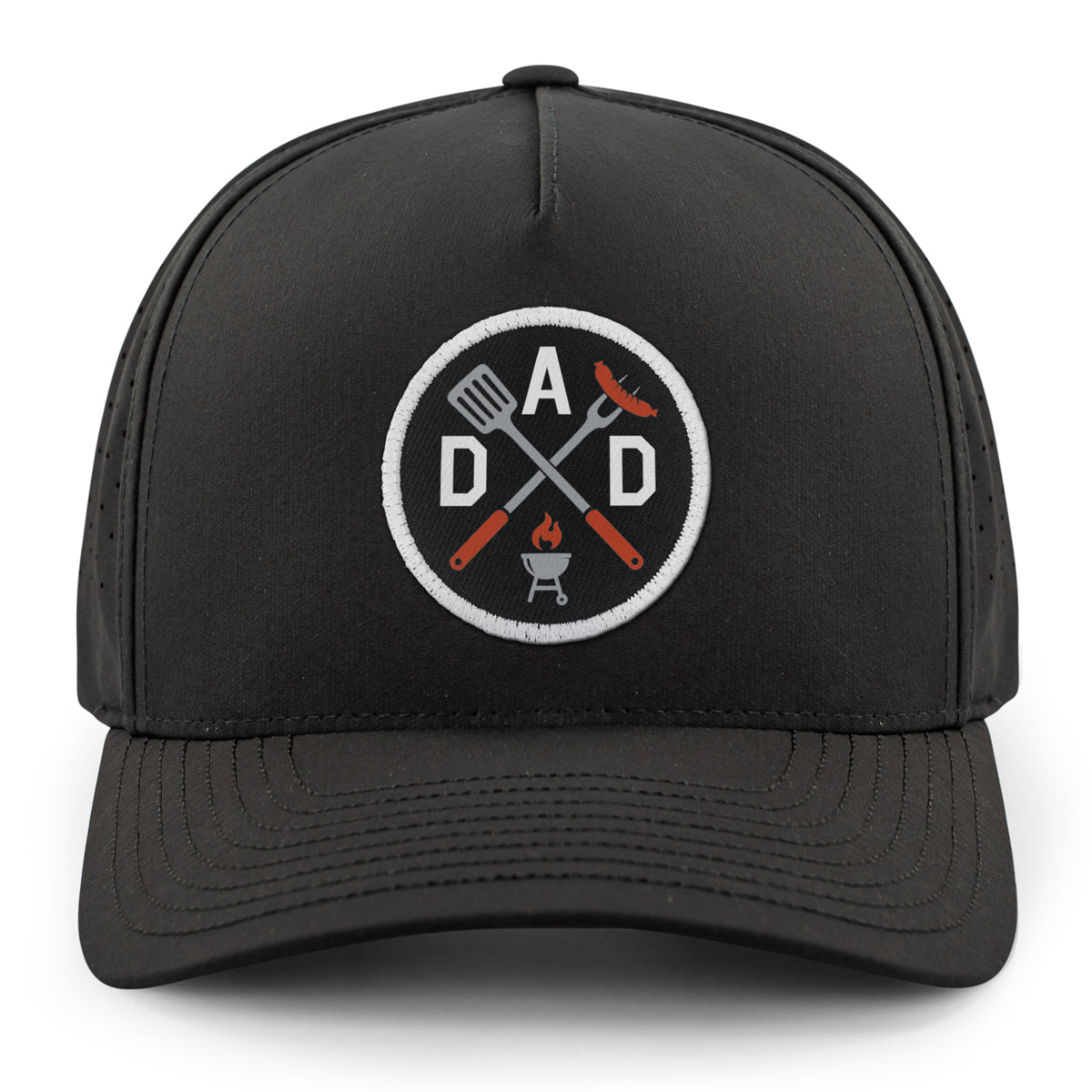 Gray performance hat with Dad Grilling embroidered emblem on front