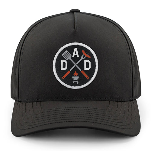 Gray performance hat with Dad Grilling embroidered emblem on front
