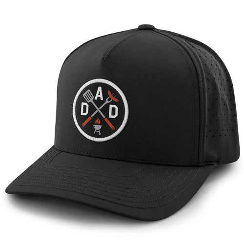 Black performance hat with Dad Grilling embroidered emblem on front