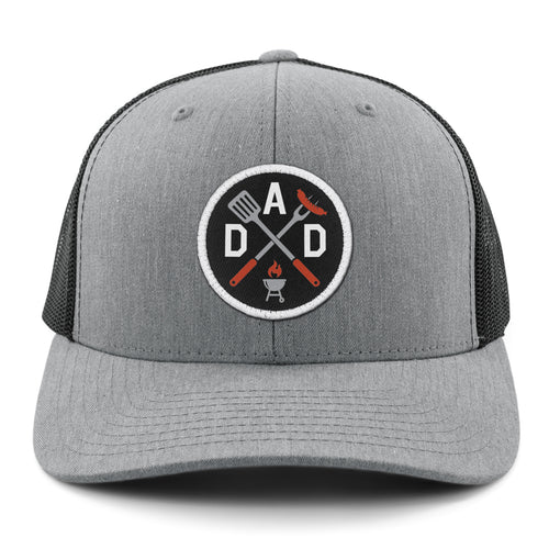 Charcoal snapback trucker hat with DAD Grilling printed twill patch on front