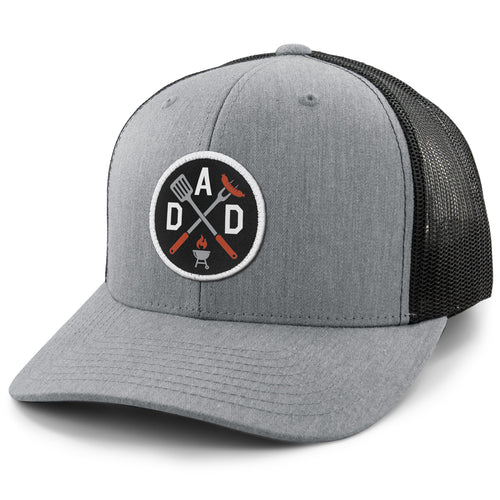 Gray snapback trucker hat with DAD Grilling printed twill patch on front