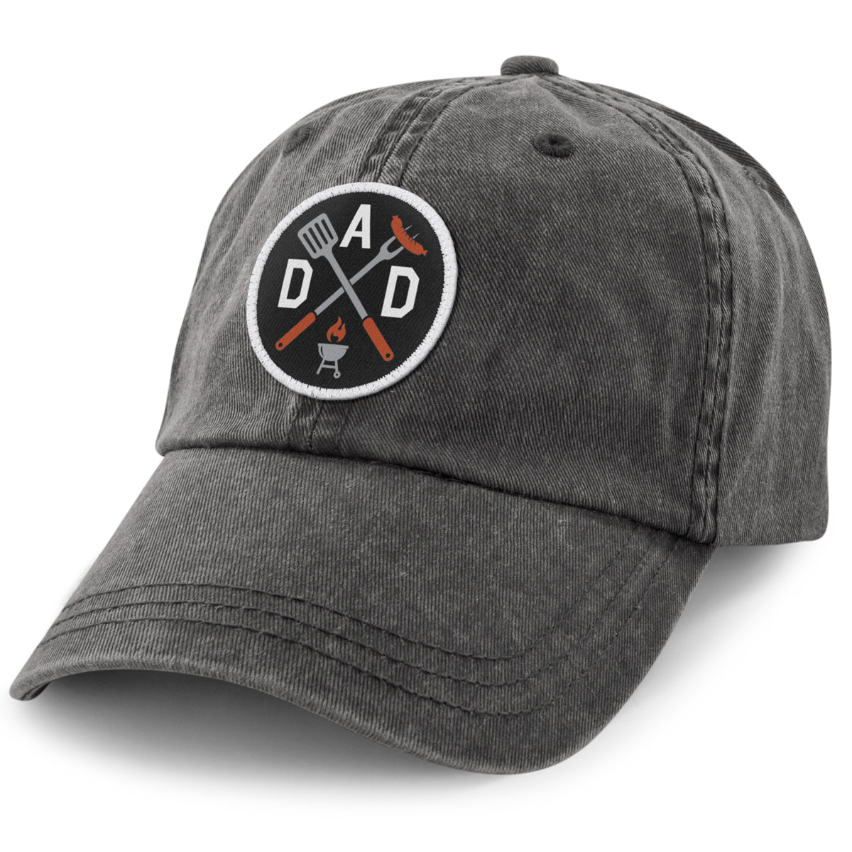 Charcoal washed dad hat with DAD Grilling printed twill patch on front
