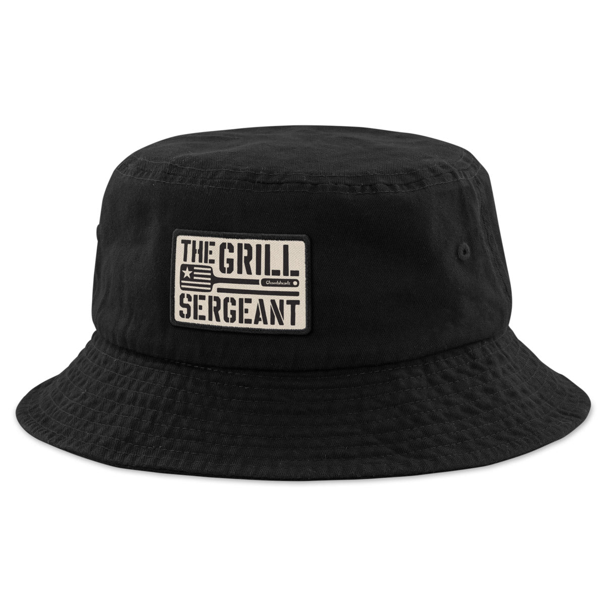 Khaki bucket hat with The Grill Sergeant embroidered emblem on front
