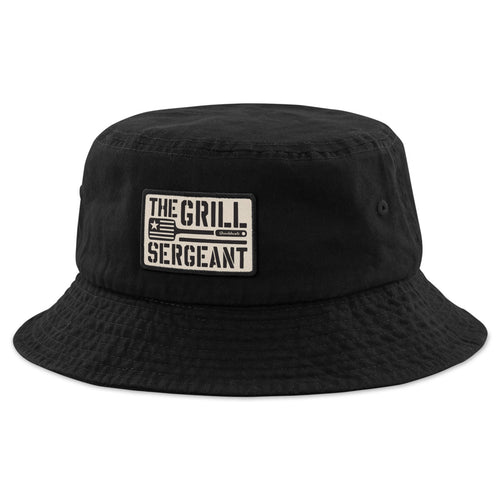 Khaki bucket hat with The Grill Sergeant embroidered emblem on front