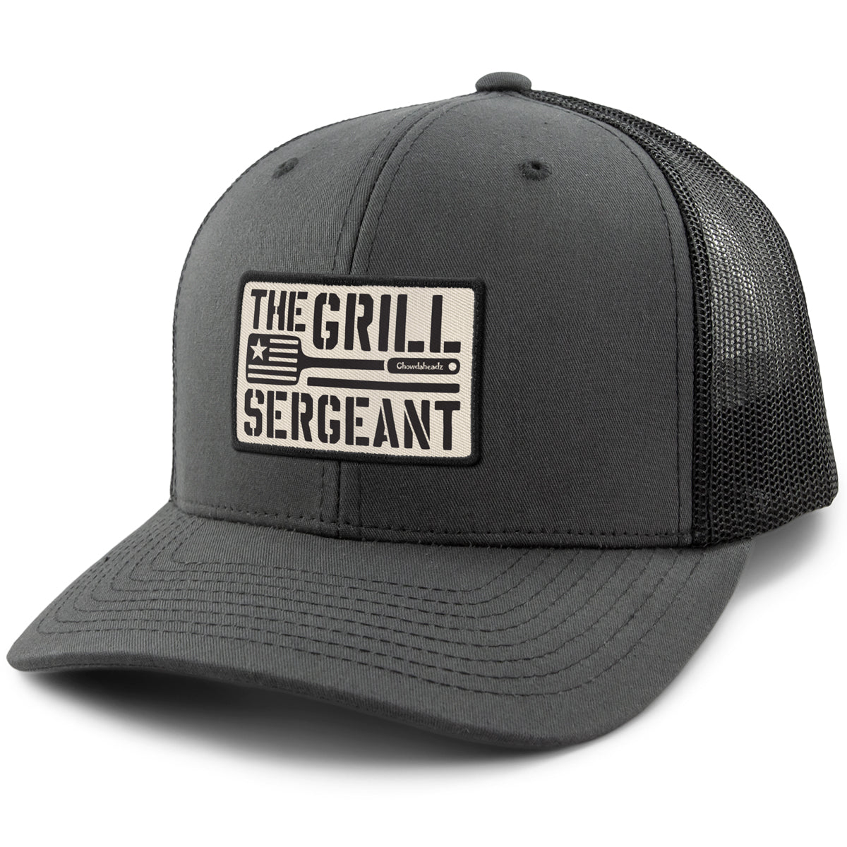 Gray snapback trucker hat with The Grill Sergeant leather patch on front
