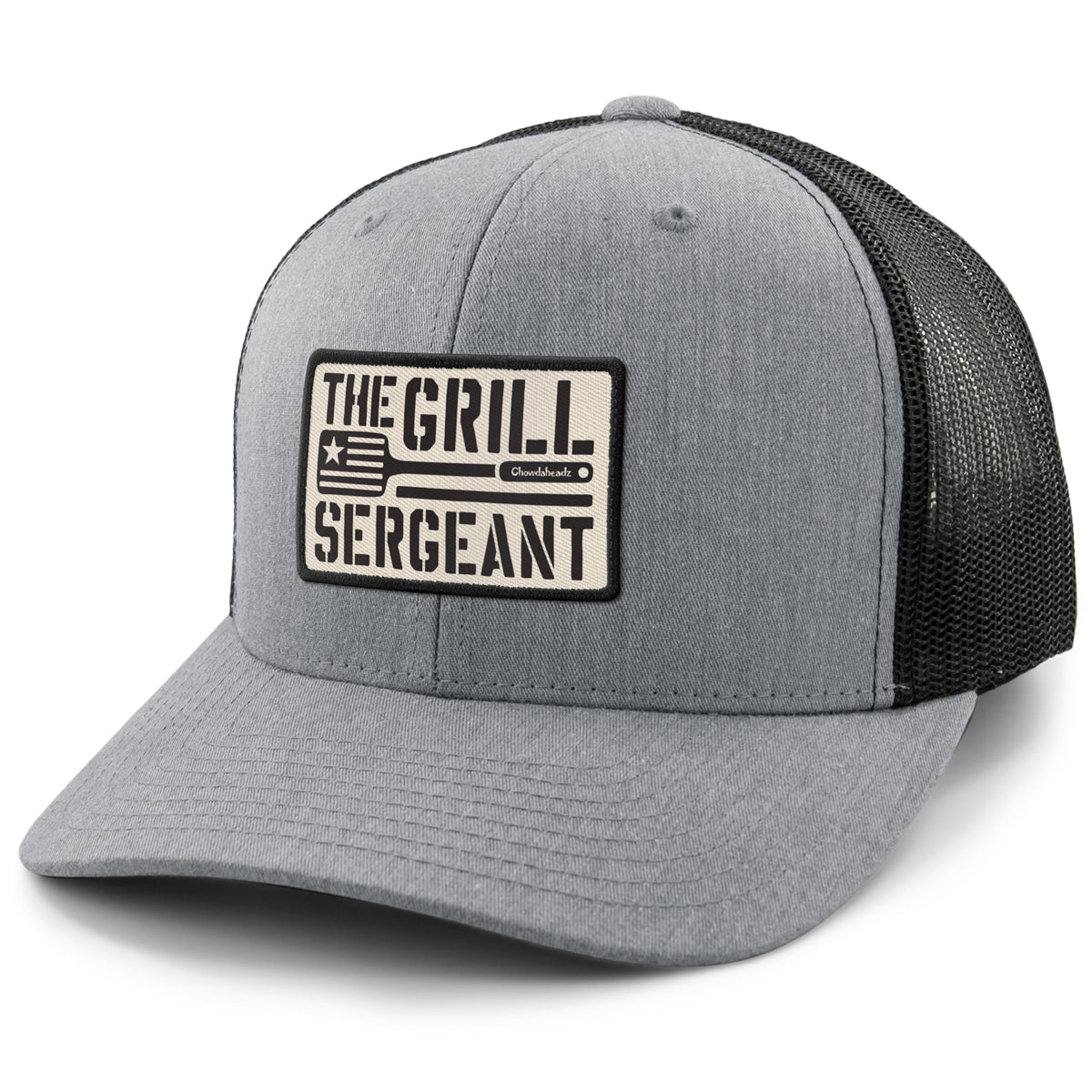 The Grill Sergeant leather patch detail on snapback trucker hat