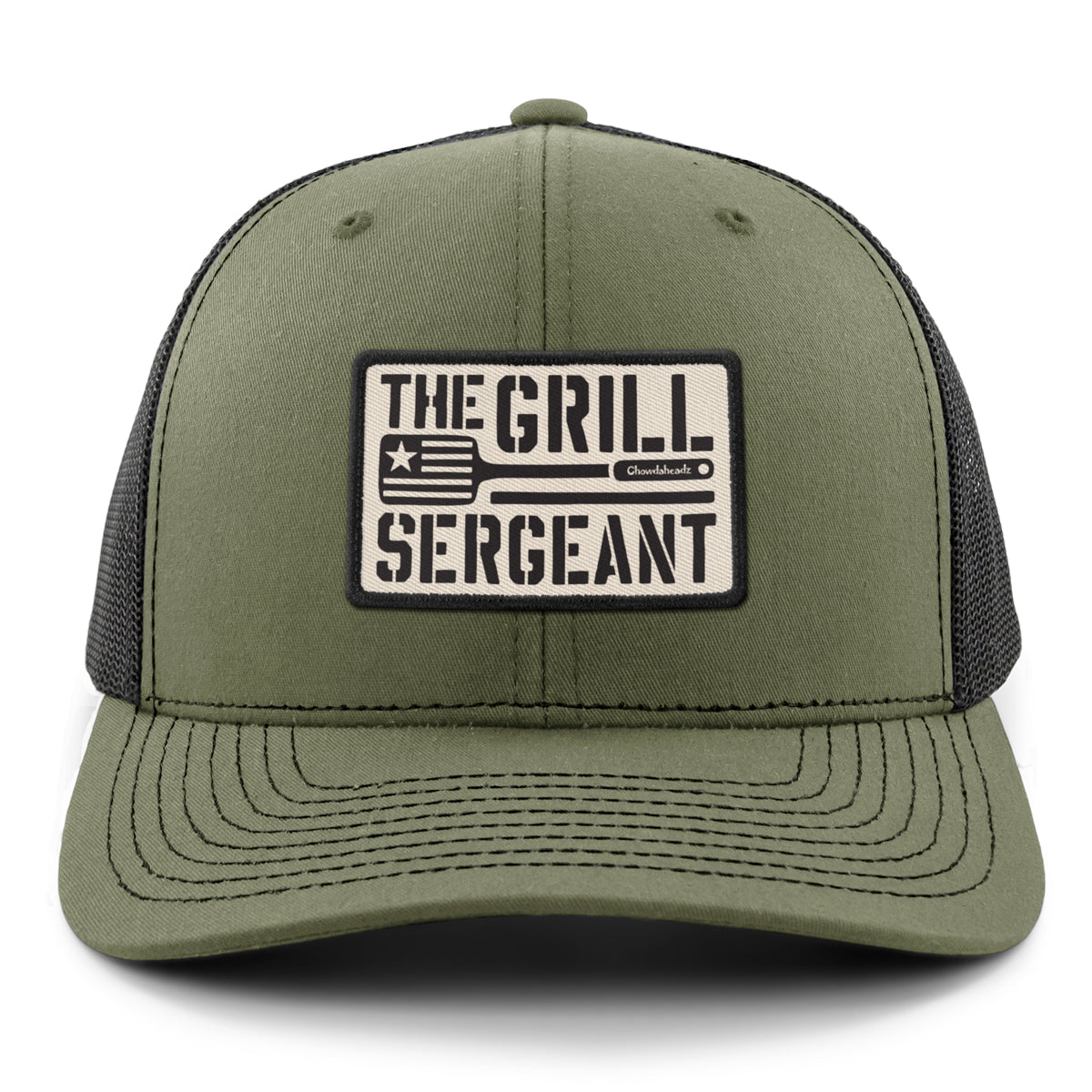 Charcoal snapback trucker hat with The Grill Sergeant leather patch on front