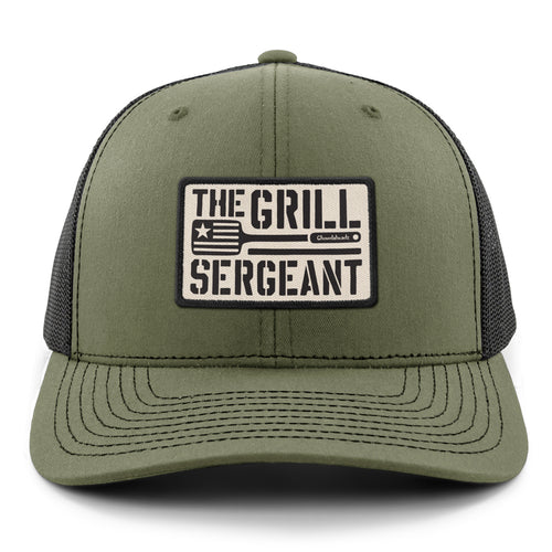 Charcoal snapback trucker hat with The Grill Sergeant leather patch on front