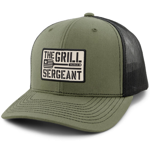 Military Green snapback trucker hat with The Grill Sergeant leather patch on front
