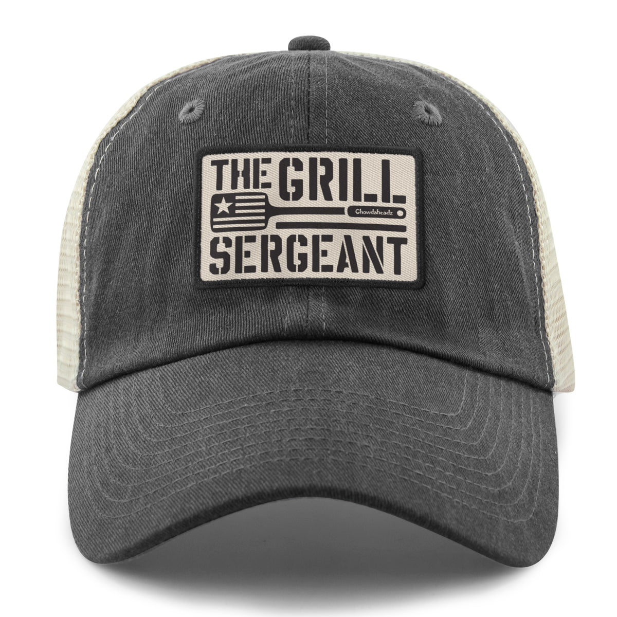 Navy relaxed trucker hat with The Grill Sergeant leather patch on front