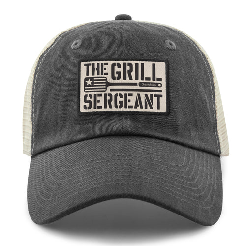 Navy relaxed trucker hat with The Grill Sergeant leather patch on front
