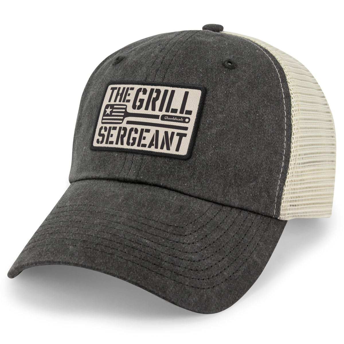 Black relaxed trucker hat with The Grill Sergeant leather patch on front