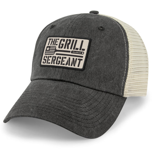 Black relaxed trucker hat with The Grill Sergeant leather patch on front