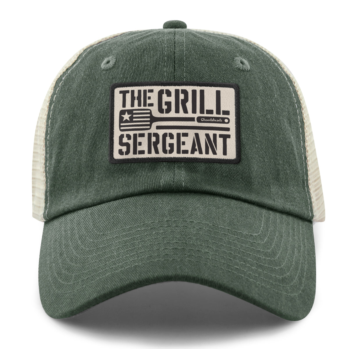 The Grill Sergeant leather patch detail on relaxed trucker hat