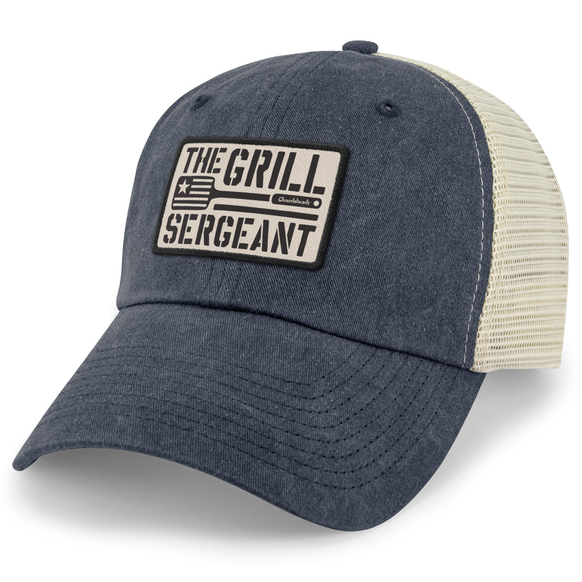 Dark Green relaxed trucker hat with The Grill Sergeant leather patch on front
