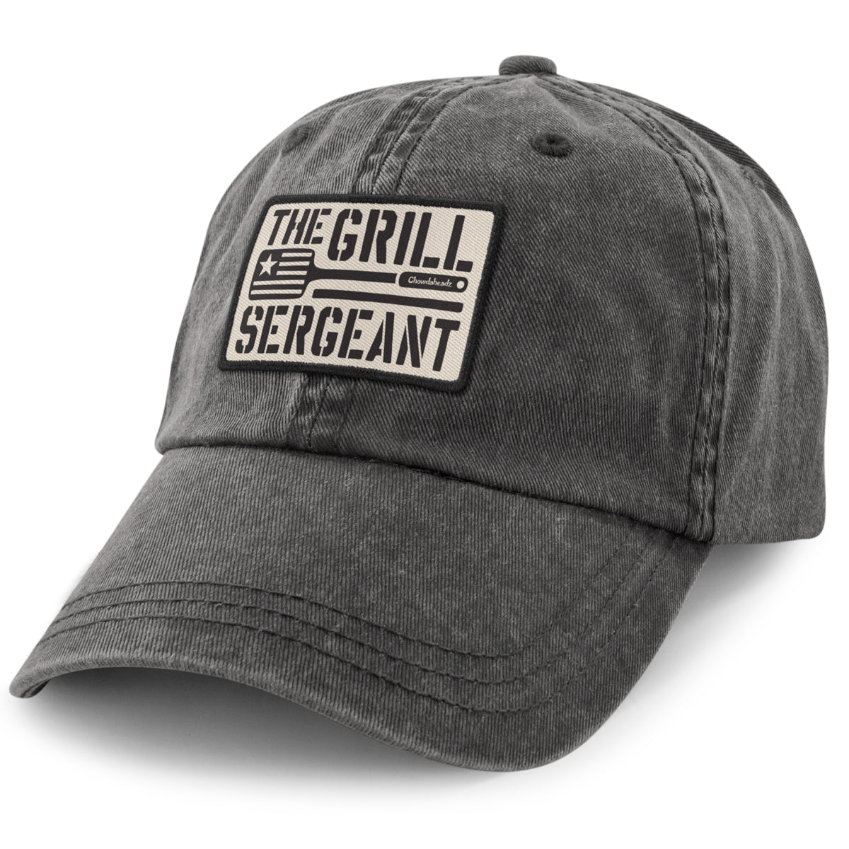 The Grill Sergeant patch detail on washed dad hat