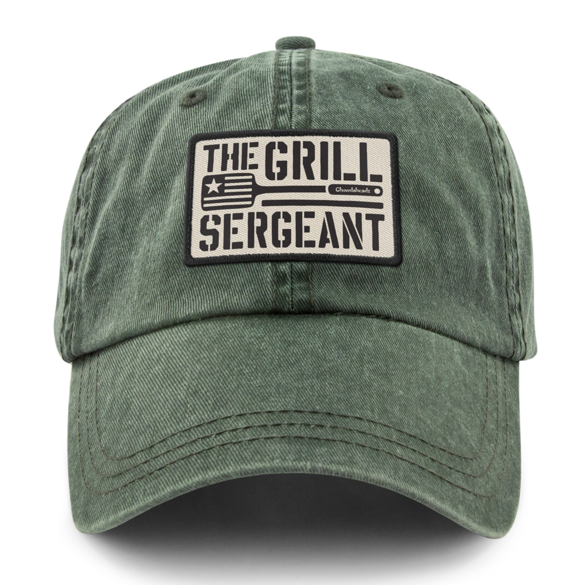 Navy washed dad hat with The Grill Sergeant printed twill patch on front