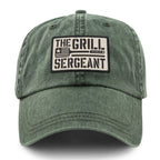 Navy washed dad hat with The Grill Sergeant printed twill patch on front