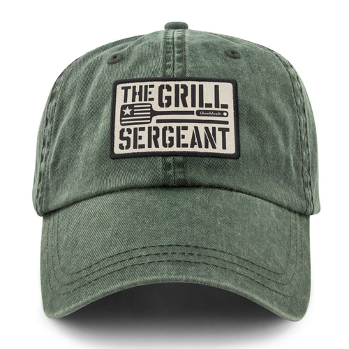 Navy washed dad hat with The Grill Sergeant printed twill patch on front