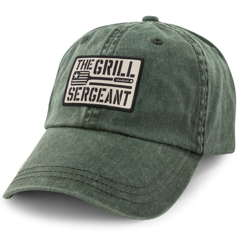 Dark Green washed dad hat with The Grill Sergeant printed twill patch on front