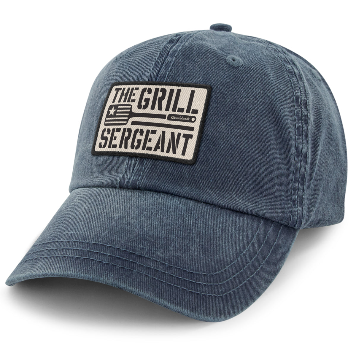 Charcoal washed dad hat with The Grill Sergeant printed twill patch on front
