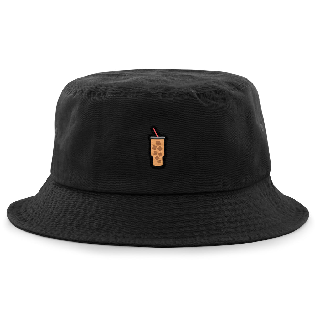 Mini Iced Coffee embroidered cup detail on bucket hat