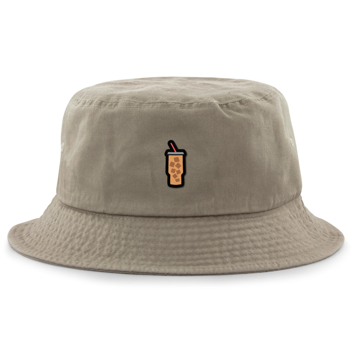 Black bucket hat with Mini Iced Coffee embroidered cup on front