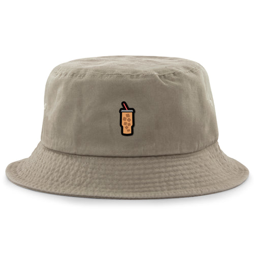 Black bucket hat with Mini Iced Coffee embroidered cup on front