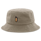 Khaki bucket hat with Mini Iced Coffee embroidered cup on front