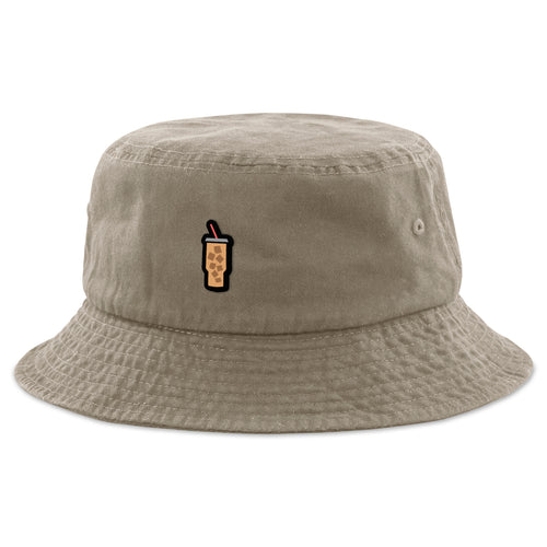 Khaki bucket hat with Mini Iced Coffee embroidered cup on front