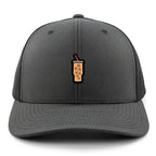 Gray snapback trucker hat with Mini Iced Coffee embroidered cup on front