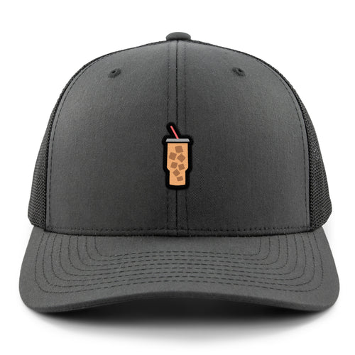 Gray snapback trucker hat with Mini Iced Coffee embroidered cup on front