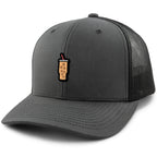 Charcoal snapback trucker hat with Mini Iced Coffee embroidered cup on front