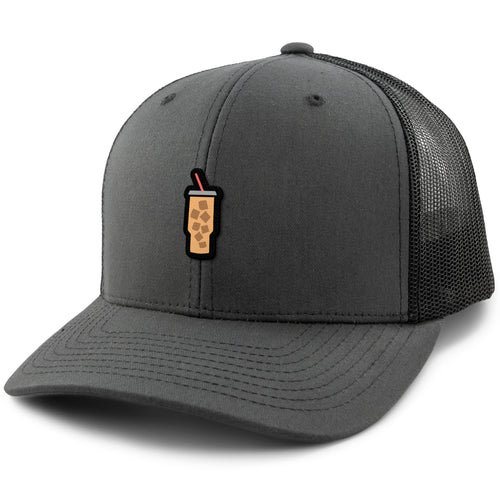 Charcoal snapback trucker hat with Mini Iced Coffee embroidered cup on front