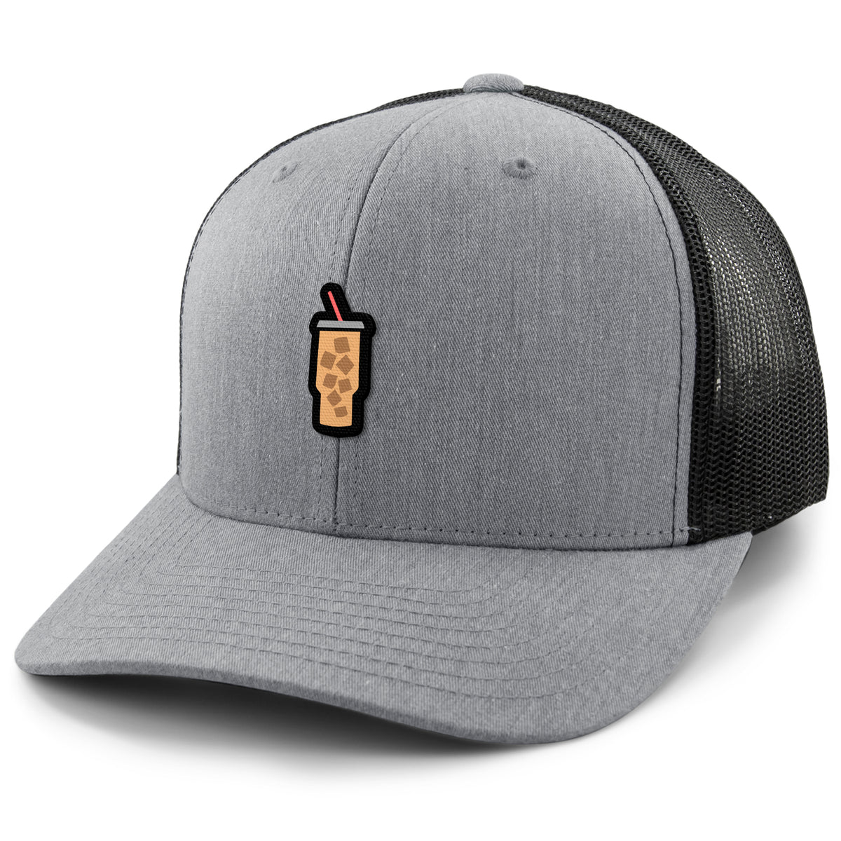 Mini Iced Coffee embroidered cup detail on snapback trucker hat
