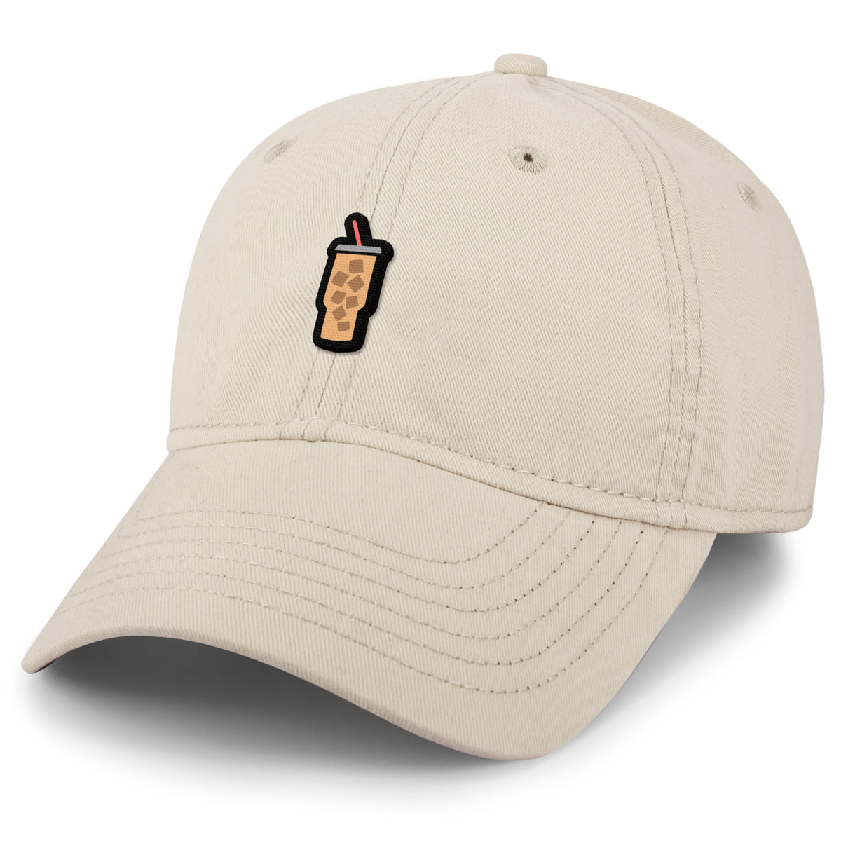 Stone dad hat with Mini Iced Coffee embroidered cup on front