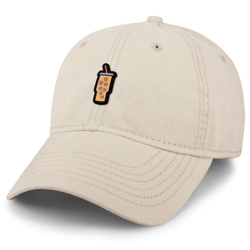 Stone dad hat with Mini Iced Coffee embroidered cup on front