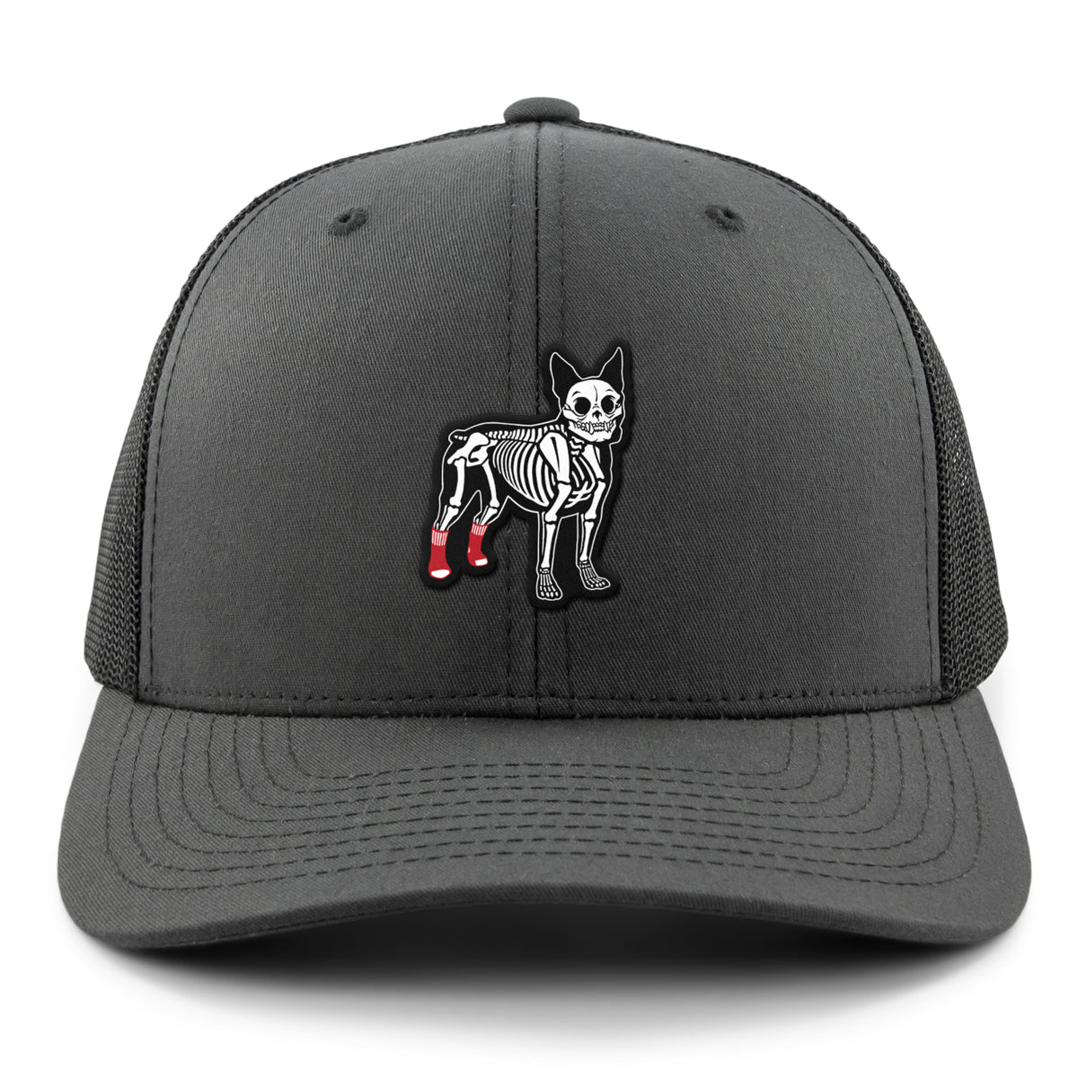 Navy snapback trucker hat with Mini Boston Terrier Skeleton With Socks Halloween patch