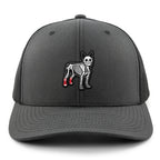 Navy snapback trucker hat with Mini Boston Terrier Skeleton With Socks Halloween patch