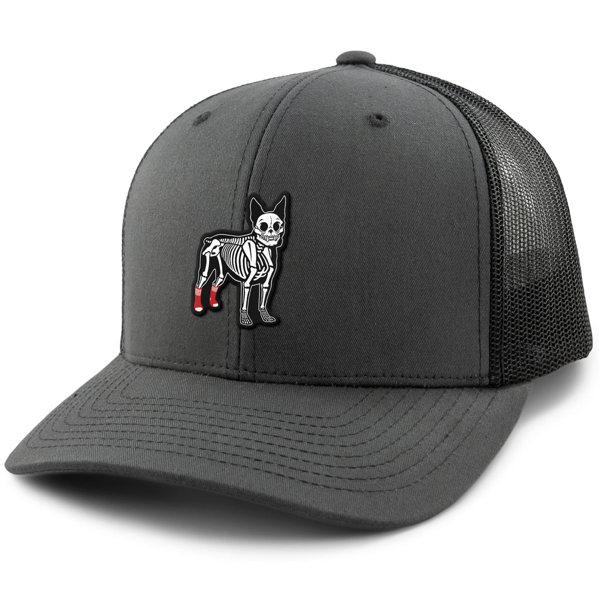 Charcoal snapback trucker hat with Mini Boston Terrier Skeleton With Socks Halloween patch