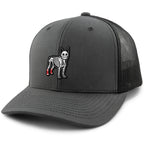 Charcoal snapback trucker hat with Mini Boston Terrier Skeleton With Socks Halloween patch