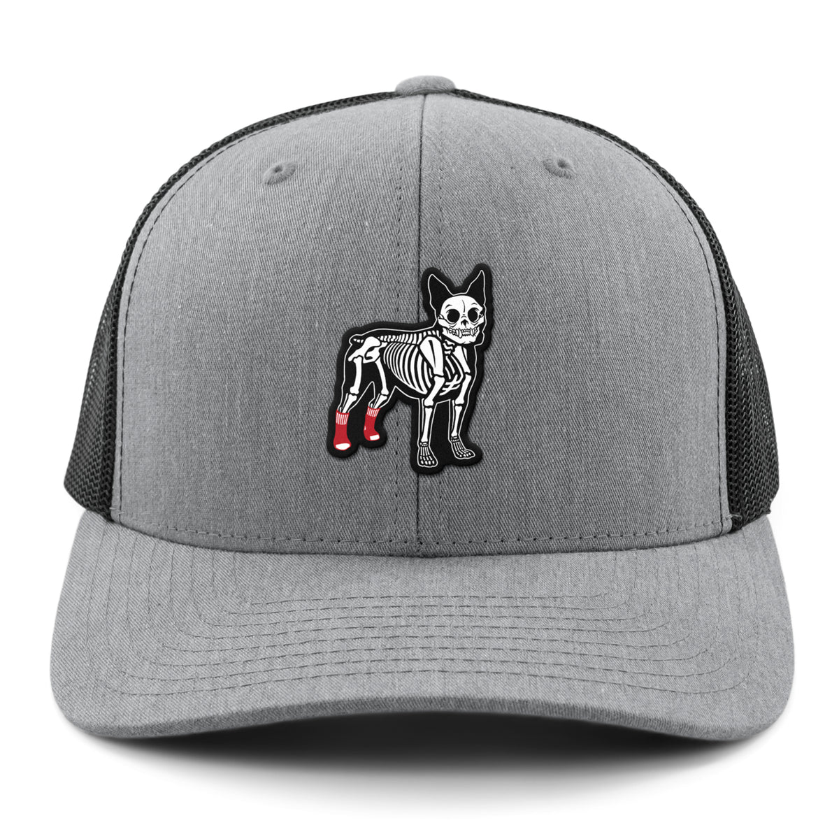 Mini Boston Terrier Skeleton snapback trucker profile view