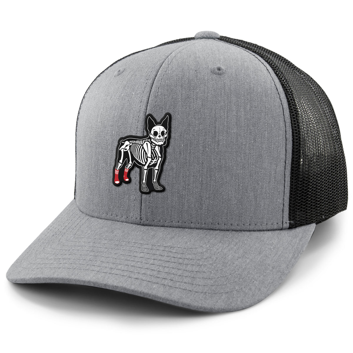 Back mesh view of Mini Boston Terrier Skeleton snapback trucker hat