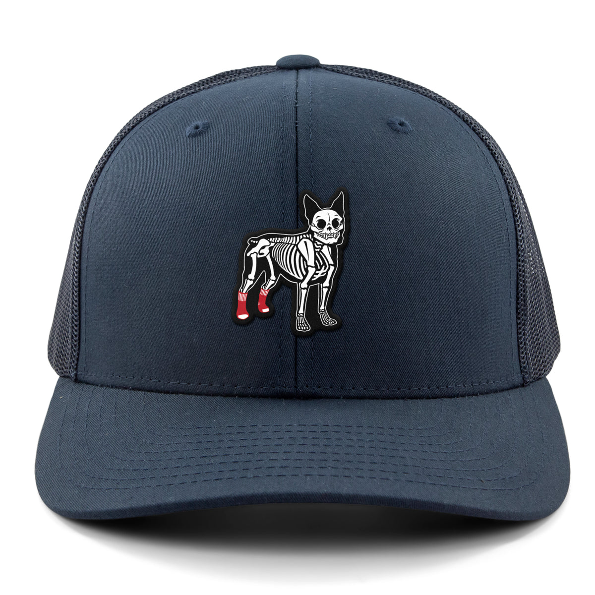 Mini Boston Terrier Skeleton patch detail on snapback trucker hat