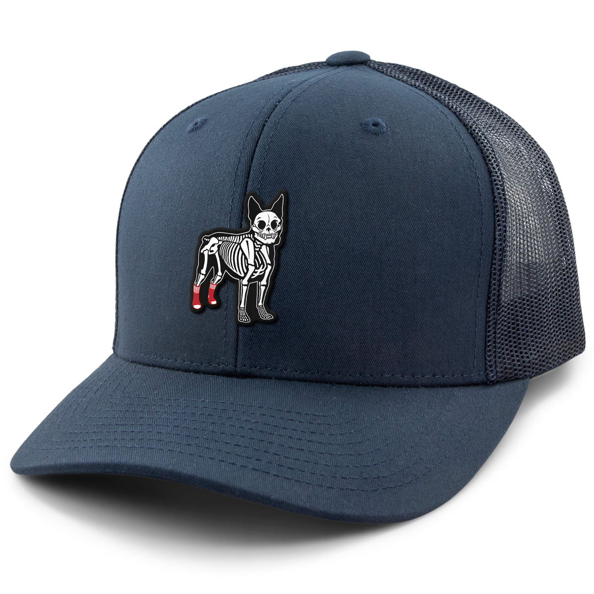 Side view of Mini Boston Terrier Skeleton snapback trucker hat