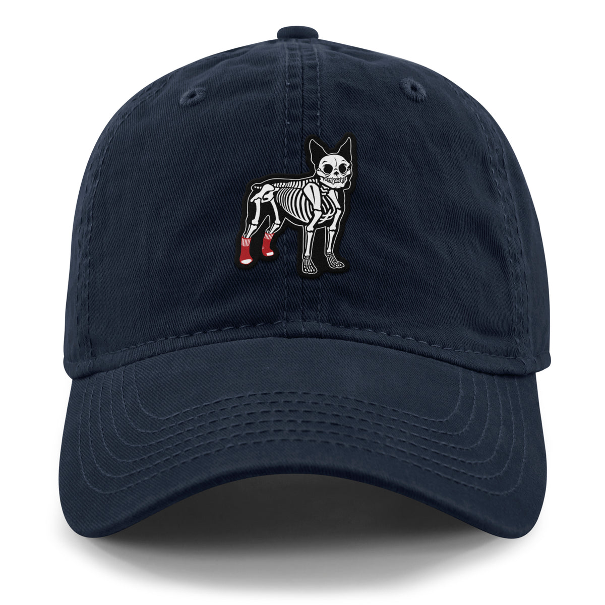 Black dad hat with Mini Boston Terrier Skeleton With Socks Halloween patch on front