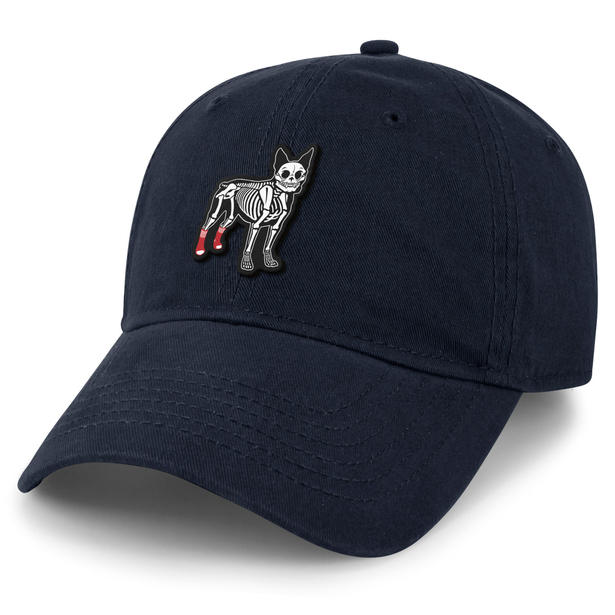 Navy dad hat with Mini Boston Terrier Skeleton With Socks Halloween patch on front