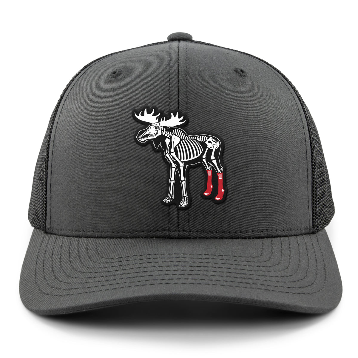 Navy snapback trucker hat with Moose Skeleton With Socks Halloween patch on front