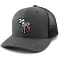 Charcoal snapback trucker hat with Moose Skeleton With Socks Halloween patch on front